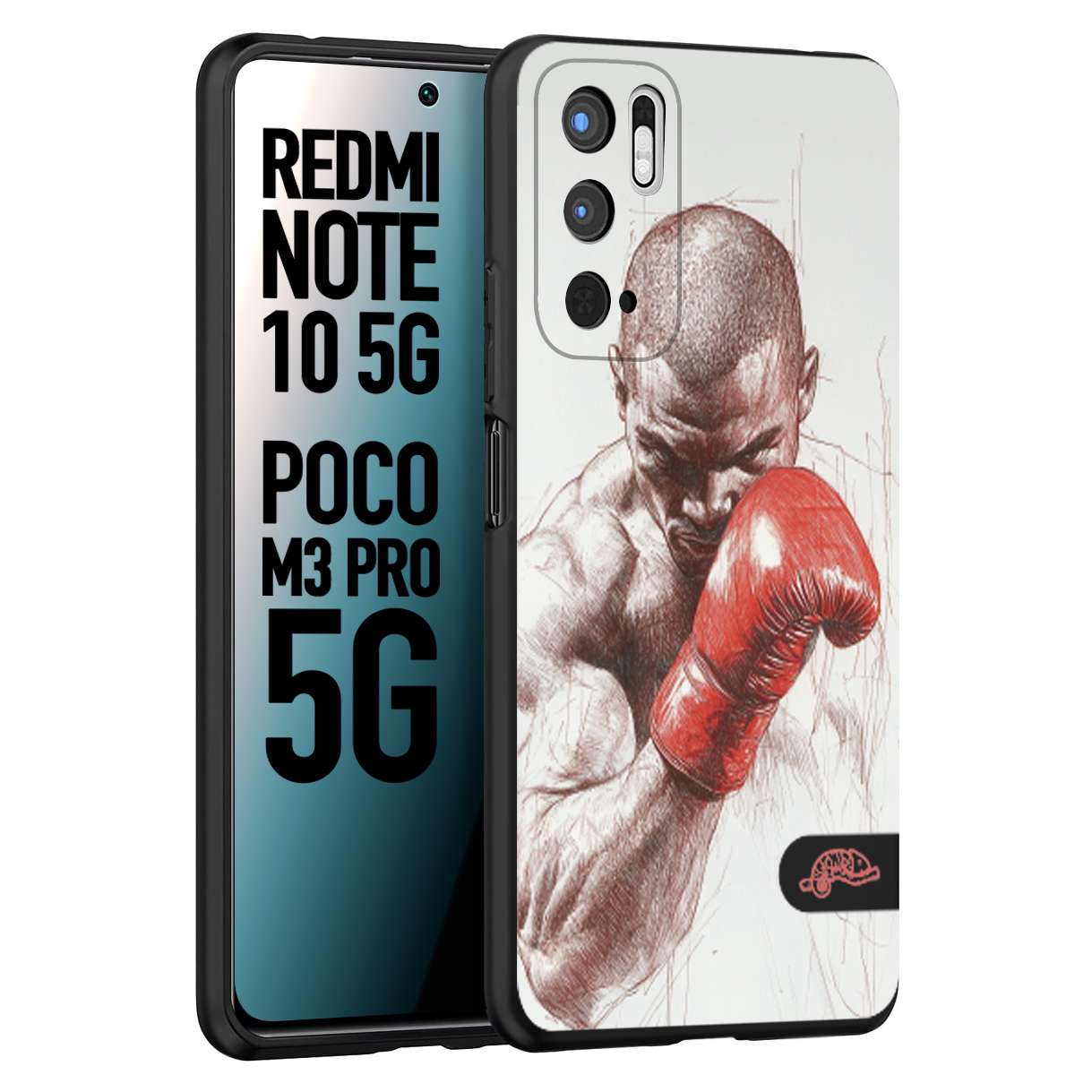 CUSTOMIZZA - Custodia cover nera morbida in tpu compatibile per Xiaomi Redmi Note 10 5G - Poco M3 Pro 5G pugilato pugili disegno tattoo guantoni box sport primo piano