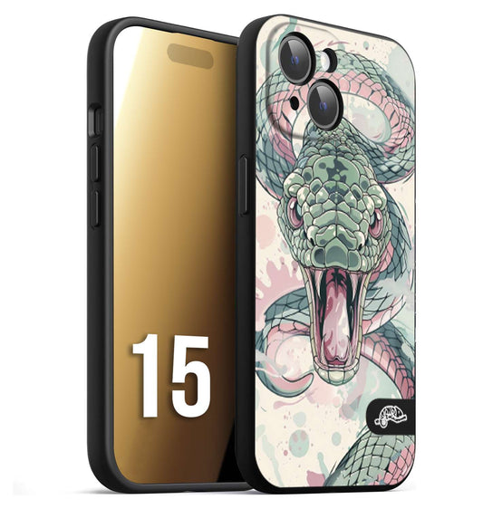CUSTOMIZZA - Custodia cover nera morbida in tpu compatibile per iPhone 15 snake pink green serpente tatuaggio tattoo disegnato a mano