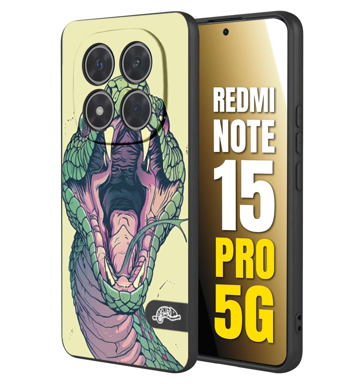 CUSTOMIZZA - Custodia cover nera morbida in tpu compatibile per Xiaomi Redmi Note 15 PRO 5G snake yellow green serpente tatuaggio tattoo disegnato a mano