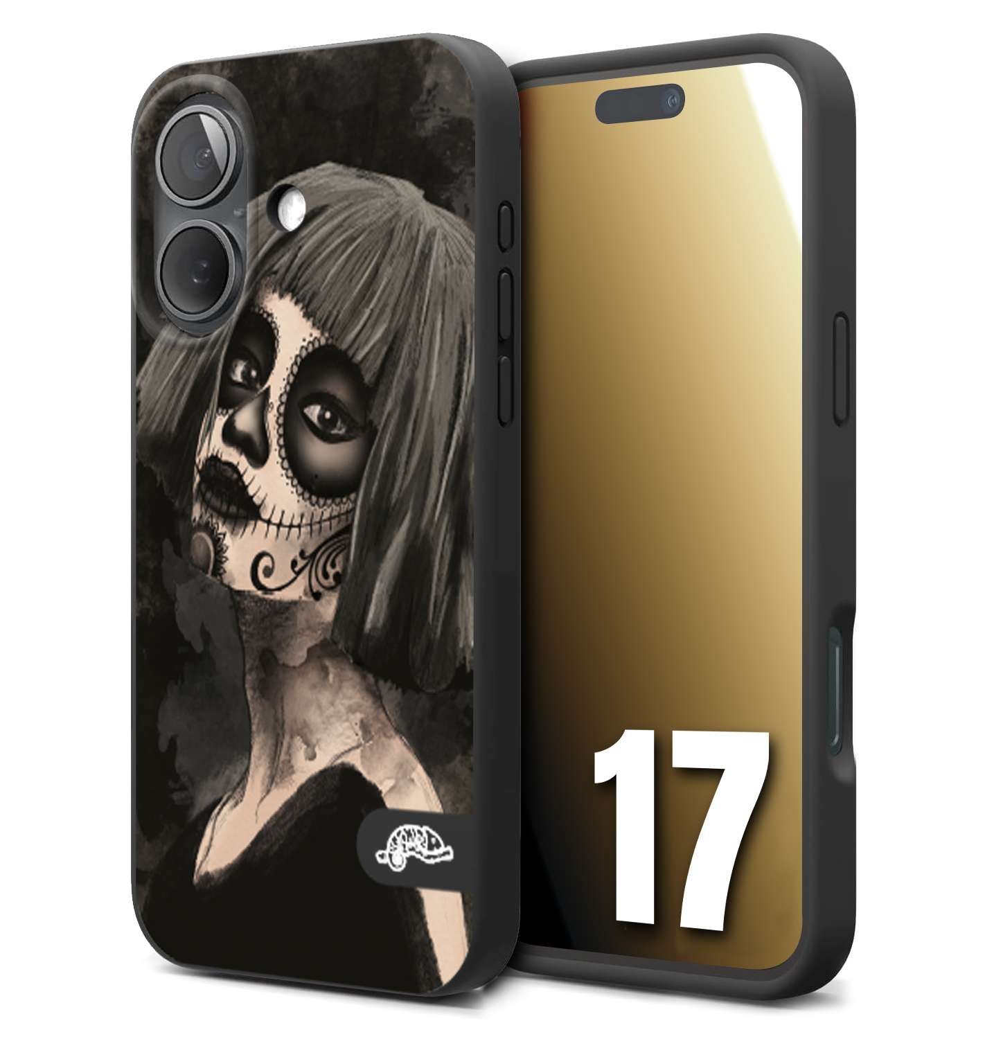 CUSTOMIZZA - Custodia cover nera morbida in tpu compatibile per iPhone 17 chicana messicana dea de la muerte donna santa tattoo disegnata