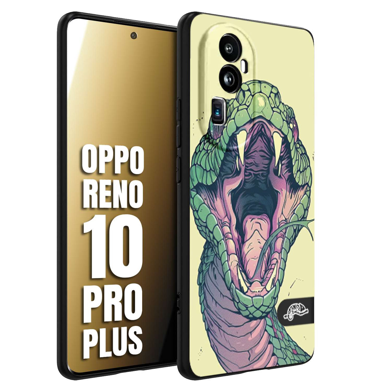 CUSTOMIZZA - Custodia cover nera morbida in tpu compatibile per Oppo Reno 10 PRO PLUS snake yellow green serpente tatuaggio tattoo disegnato a mano