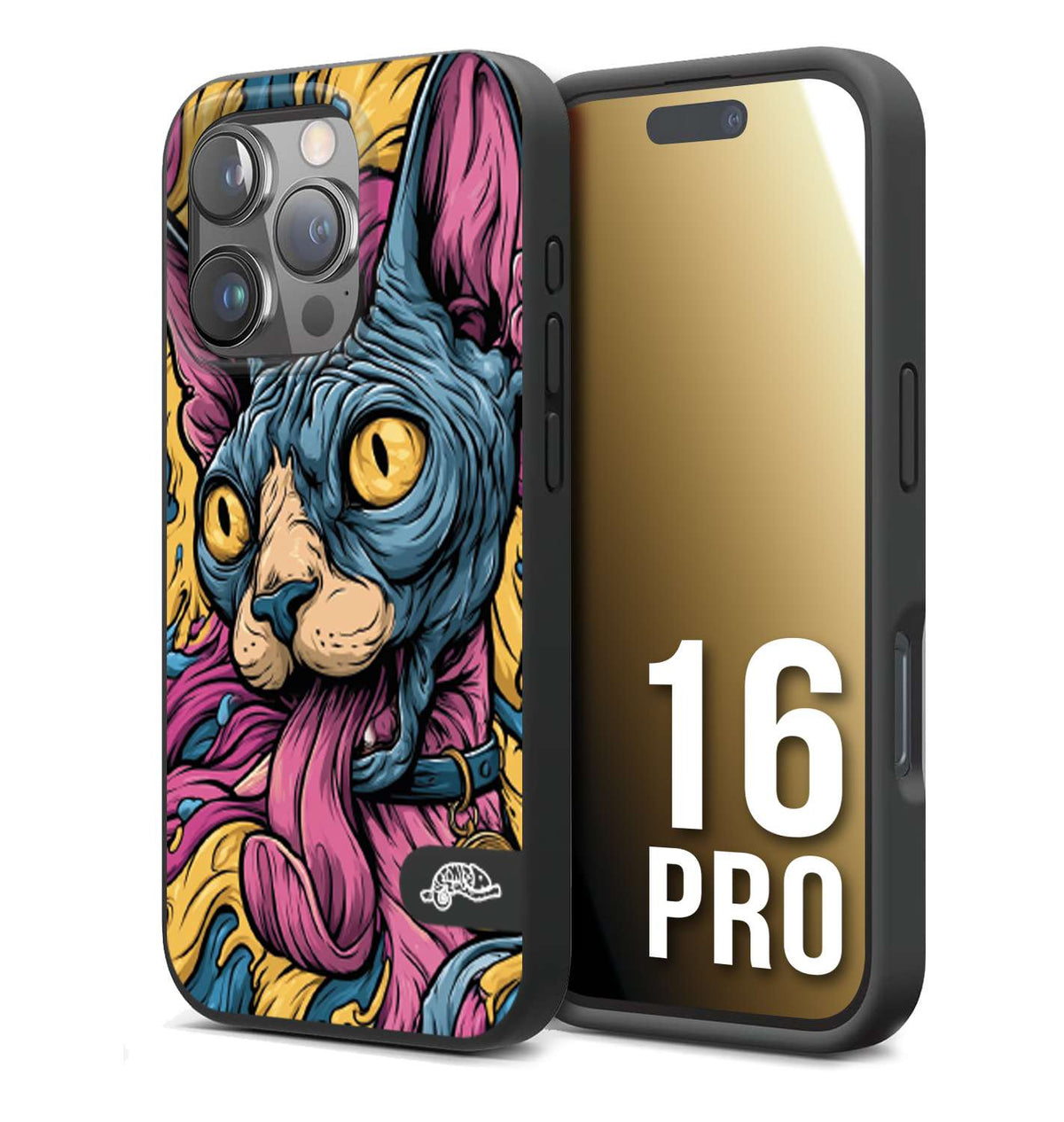 CUSTOMIZZA - Custodia cover nera morbida in tpu compatibile per iPhone 16 PRO Sphynx Colorato Pop Art Psichedelico Gatto Blu Rosa Giallo Artistica Fantasy