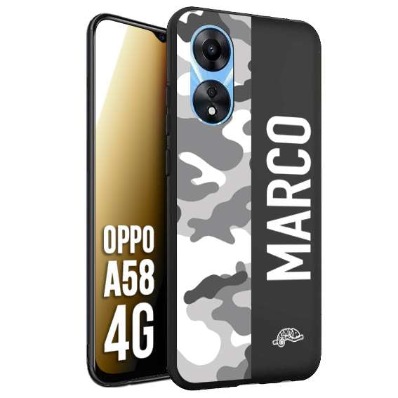 CUSTOMIZZA - Custodia cover nera morbida in tpu compatibile per Oppo A58 4G camouflage mimetico militare personalizzata nome bianco