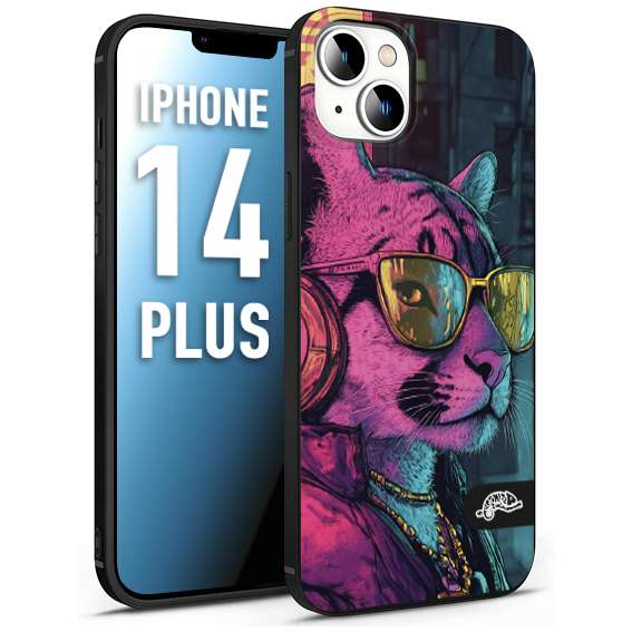 CUSTOMIZZA - Custodia cover nera morbida in tpu compatibile per iPhone 14 PLUS animali cyberpunk pantera street cat fucsia blu giallo