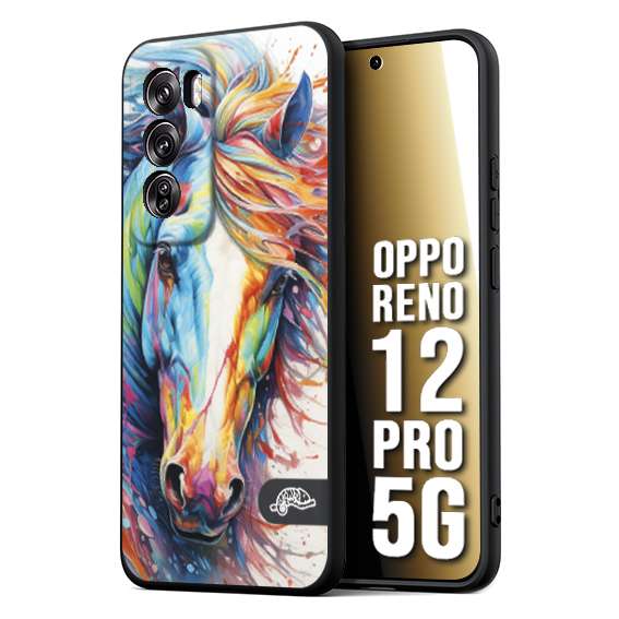 CUSTOMIZZA - Custodia cover nera morbida in tpu compatibile per Oppo Reno 12 PRO 5G animali color cavallo horse viso colori vibranti disegnato schizzo