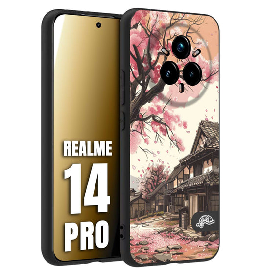 CUSTOMIZZA - Custodia cover nera morbida in tpu compatibile per Realme 14 PRO casa giapponese rosa ciliegio in fiore disegnata tattoo