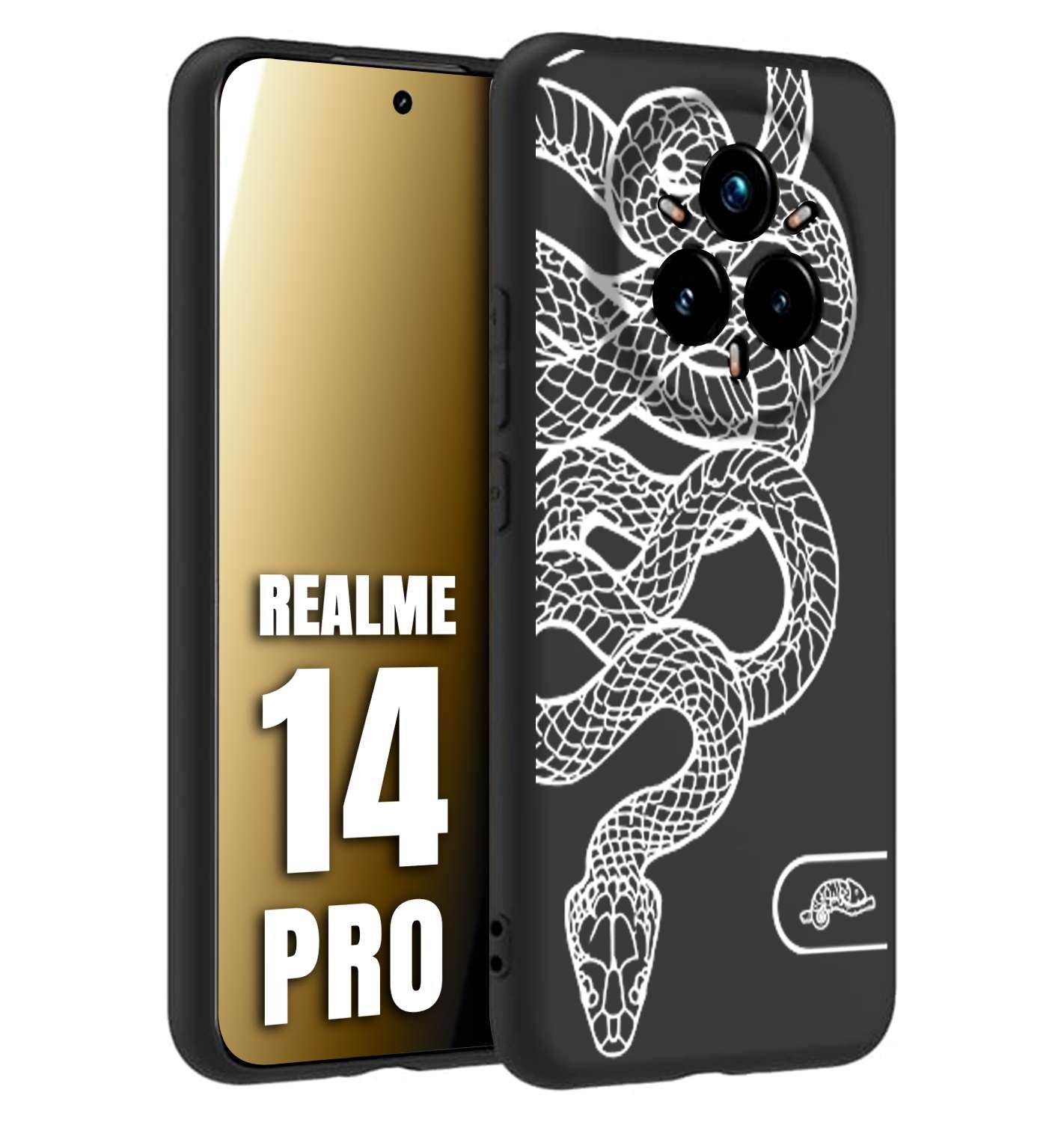 CUSTOMIZZA - Custodia cover nera morbida in tpu compatibile per Realme 14 PRO serpente snake bianco a rilievo disegnato tattoo tatuaggio