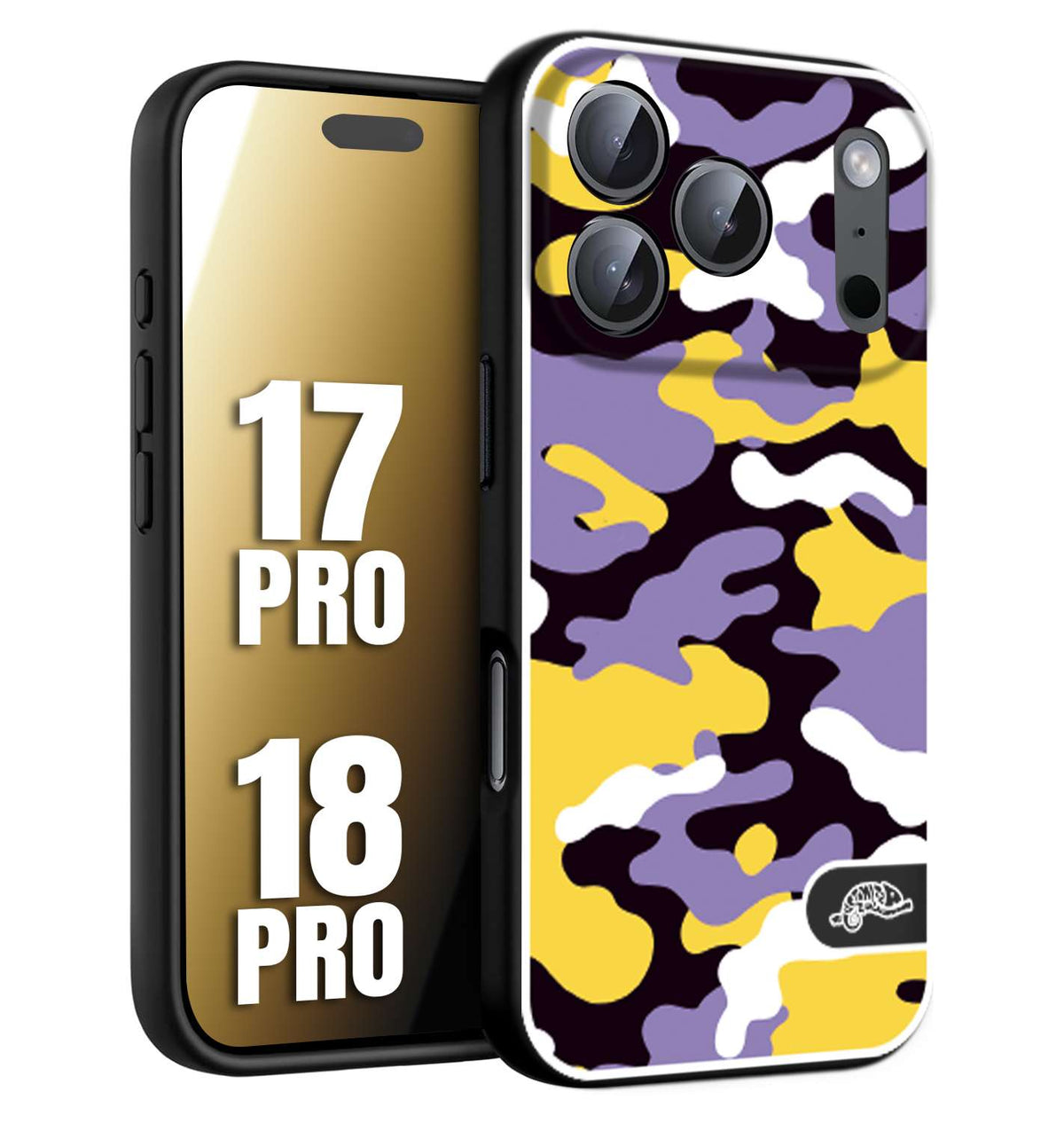 CUSTOMIZZA - Custodia cover nera morbida in tpu compatibile per iPhone 17 PRO - 18 PRO camouflage mimetico militare viola lilla giallo