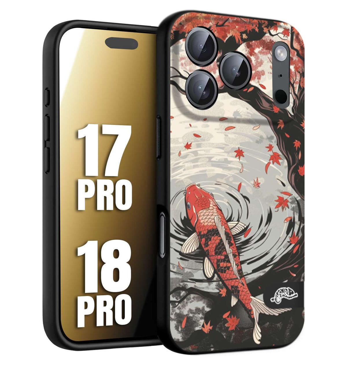 CUSTOMIZZA - Custodia cover nera morbida in tpu compatibile per iPhone 17 PRO - 18 PRO giapponese lago carpa koi rossa con foglie d'acero rosso disegnata tattoo