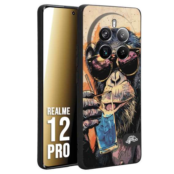 CUSTOMIZZA - Custodia cover nera morbida in tpu compatibile per Realme 12 PRO estate disegnata cocktails animali simpatici scimmia monkey negroni