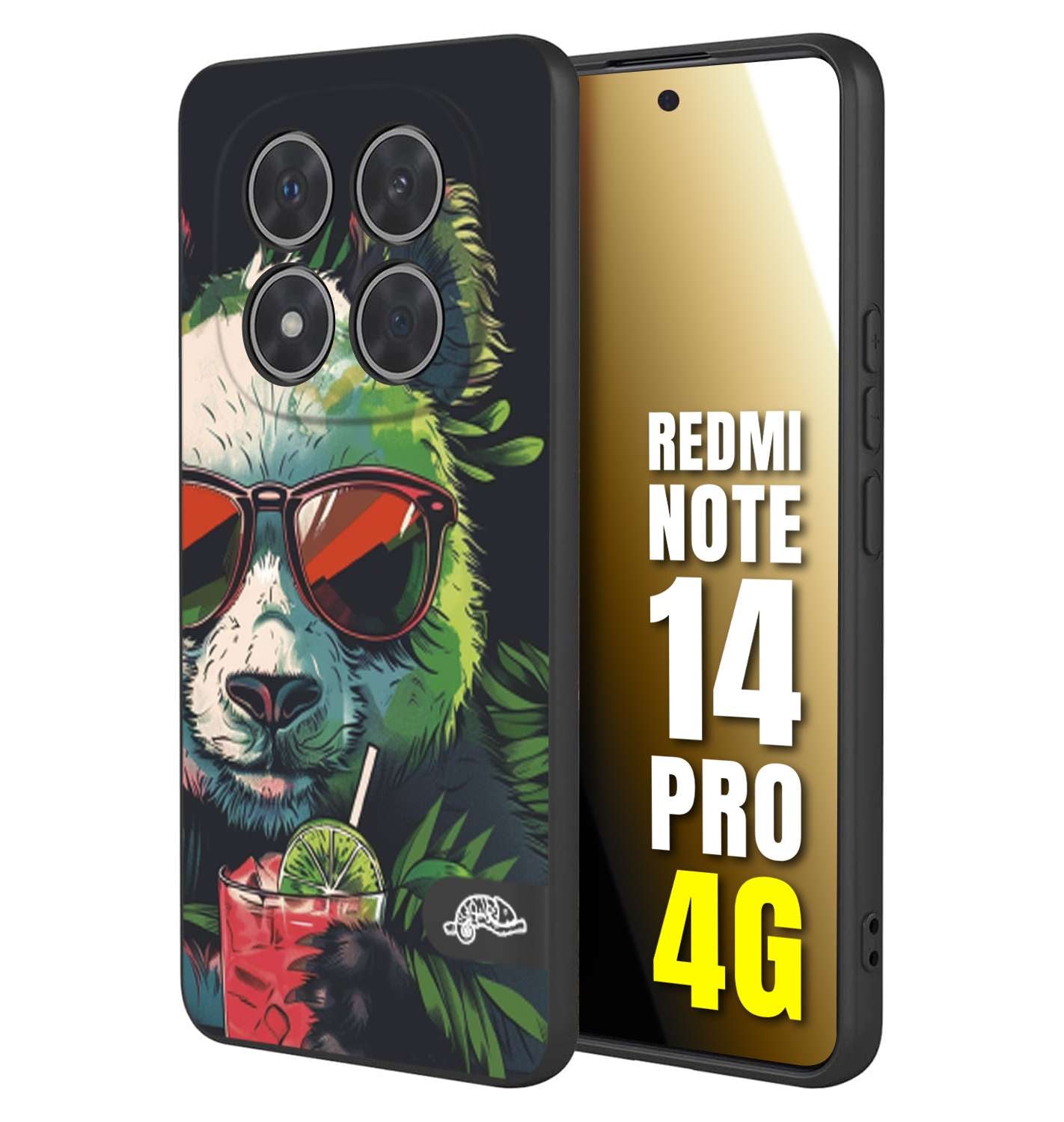 CUSTOMIZZA - Custodia cover nera morbida in tpu compatibile per Xiaomi Redmi Note 14 PRO 4G estate disegnata cocktails animali simpatici panda mojito