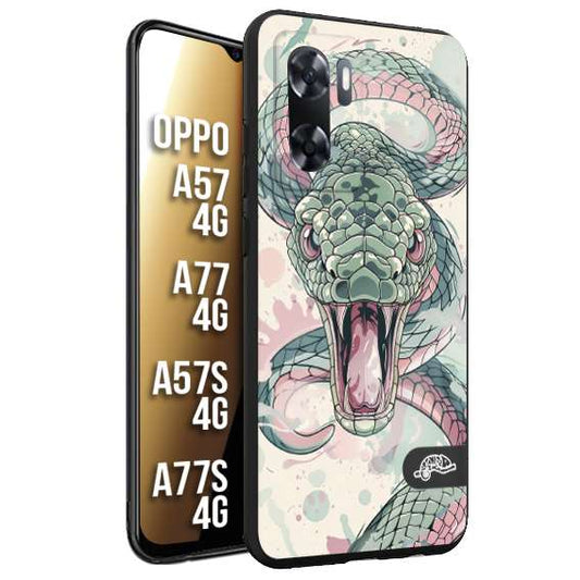 CUSTOMIZZA - Custodia cover nera morbida in tpu compatibile per Oppo A57 - A77 - A57S - A77S (4G) snake pink green serpente tatuaggio tattoo disegnato a mano