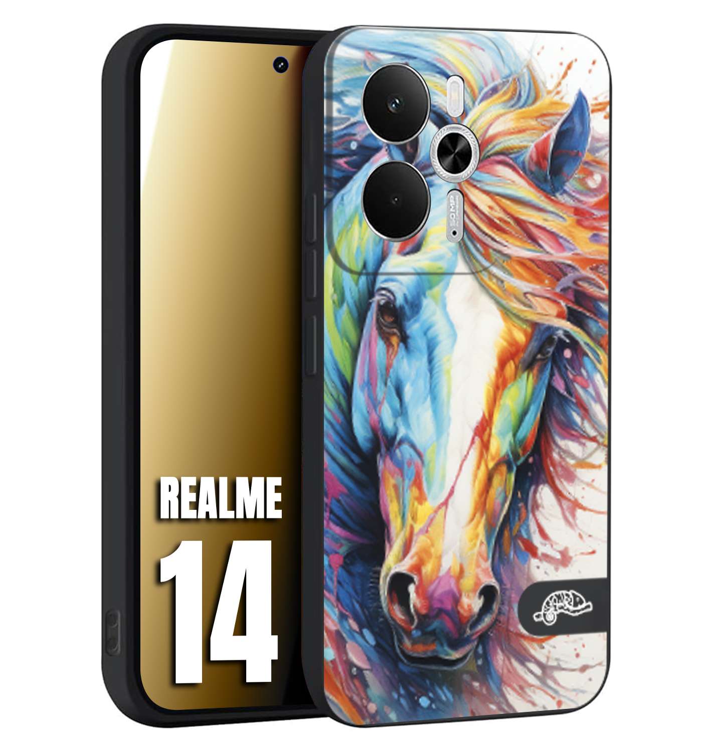 CUSTOMIZZA - Custodia cover nera morbida in tpu compatibile per Realme 14 5G animali color cavallo horse viso colori vibranti disegnato schizzo