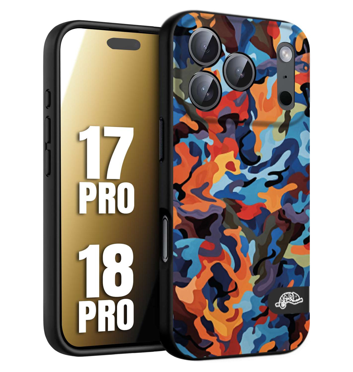 CUSTOMIZZA - Custodia cover nera morbida in tpu compatibile per iPhone 17 PRO - 18 PRO camouflage mimetico militare moderno blu arancio rosso