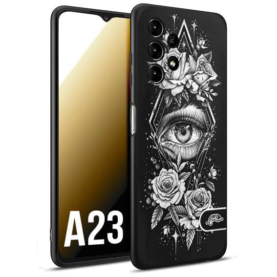 CUSTOMIZZA - Custodia cover nera morbida in tpu compatibile per Samsung A23 occhio fiori rombo geometrico black and white bianco a rilievo disegnato tattoo tatuaggio