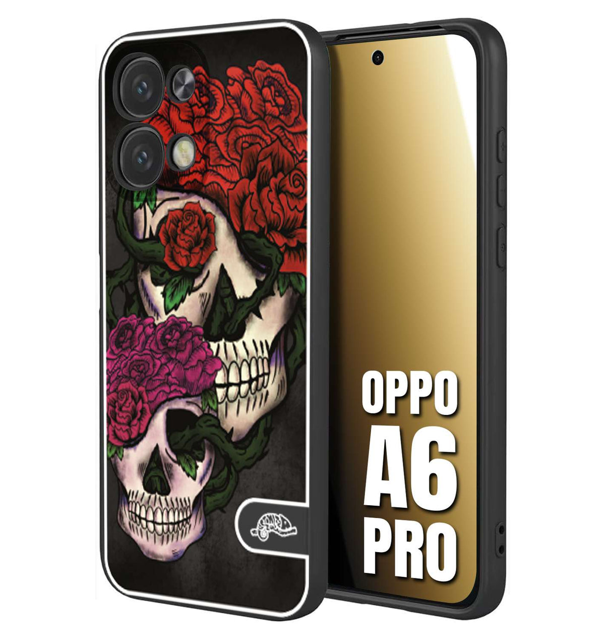 CUSTOMIZZA - Custodia cover nera morbida in tpu compatibile per Oppo A6 PRO teschi e rose rosse fucsia skull and roses