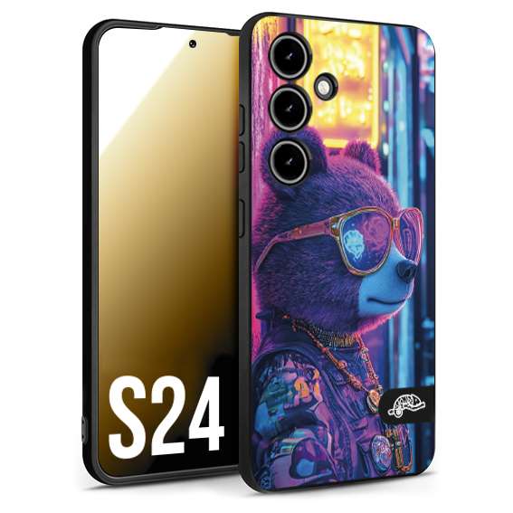 CUSTOMIZZA - Custodia cover nera morbida in tpu compatibile per Samsung S24 animali cyberpunk orsetto orso street bear fucsia blu night