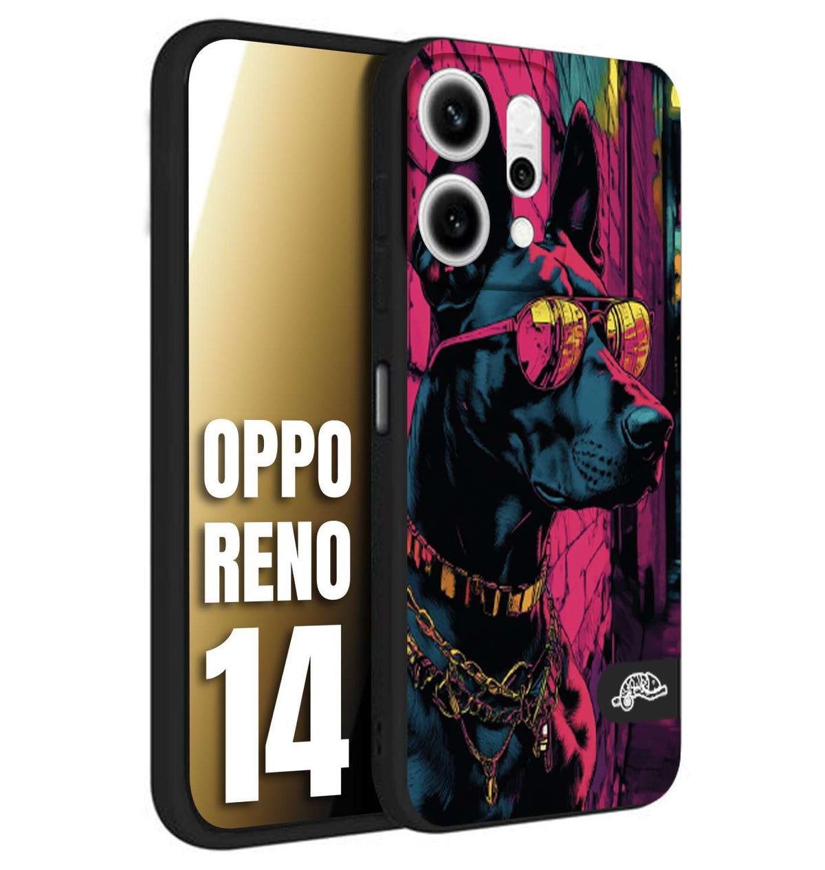 CUSTOMIZZA - Custodia cover nera morbida in tpu compatibile per Oppo Reno 14 animali cyberpunk dobermann cane street dog fucsia blu