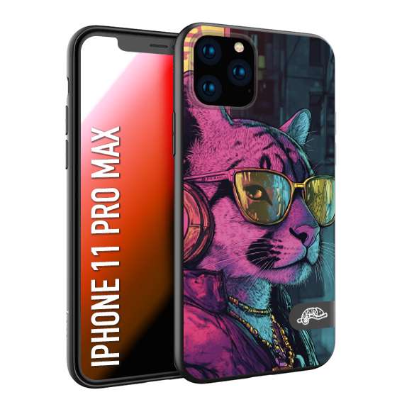 CUSTOMIZZA - Custodia cover nera morbida in tpu compatibile per iPhone 11 PRO MAX animali cyberpunk pantera street cat fucsia blu giallo