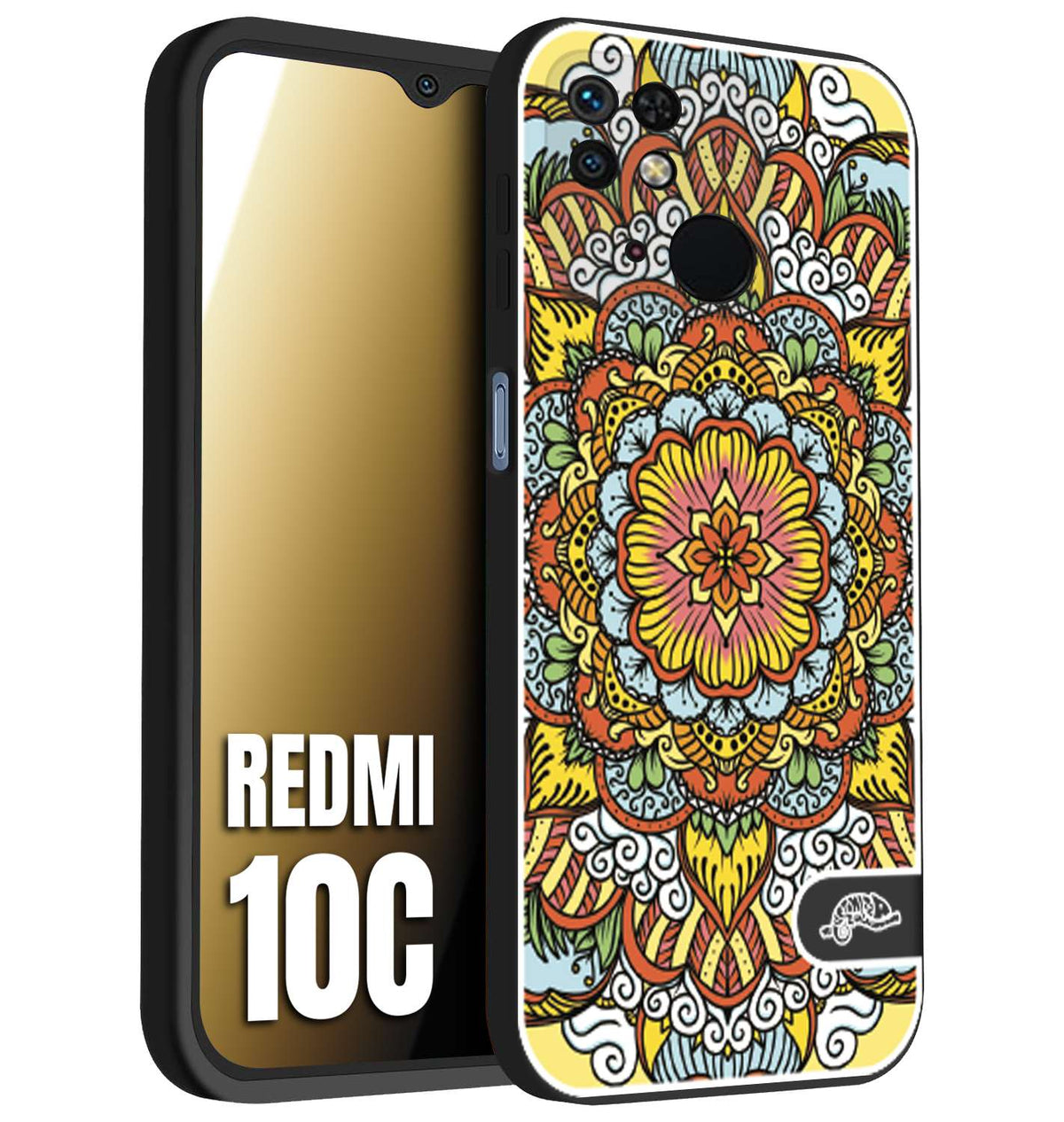 CUSTOMIZZA - Custodia cover nera morbida in tpu compatibile per Xiaomi Redmi 10C mandala colorato fiore nuvole arancione