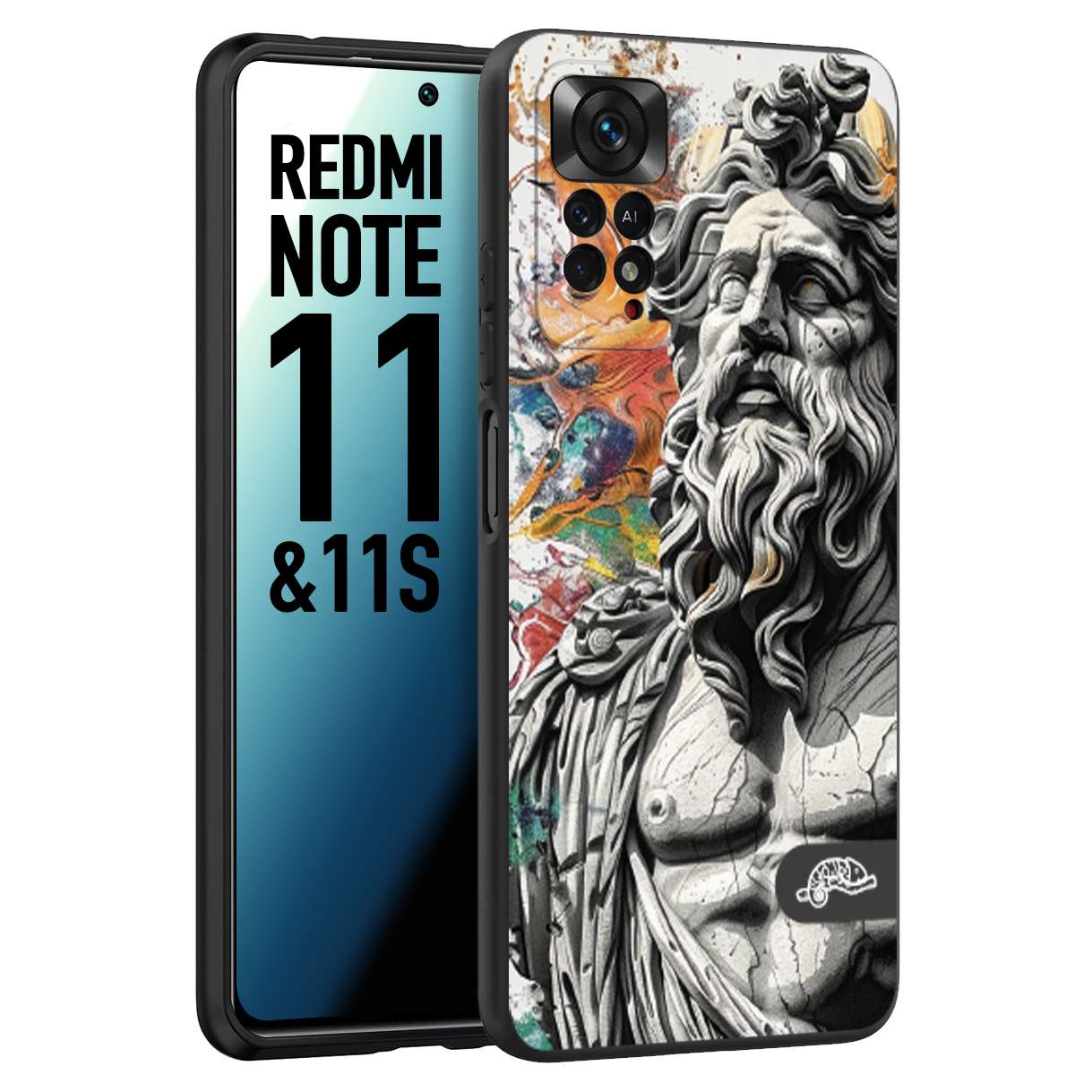 CUSTOMIZZA - Custodia cover nera morbida in tpu compatibile per Xiaomi Redmi Note 11 - Note 11S statua colorata moderna antico tattoo splash color