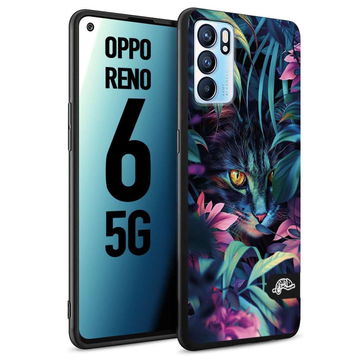 CUSTOMIZZA - Custodia cover nera morbida in tpu compatibile per Oppo Reno 6 5G animali color giungla tropicale occhio di gatto colori vibranti disegnato