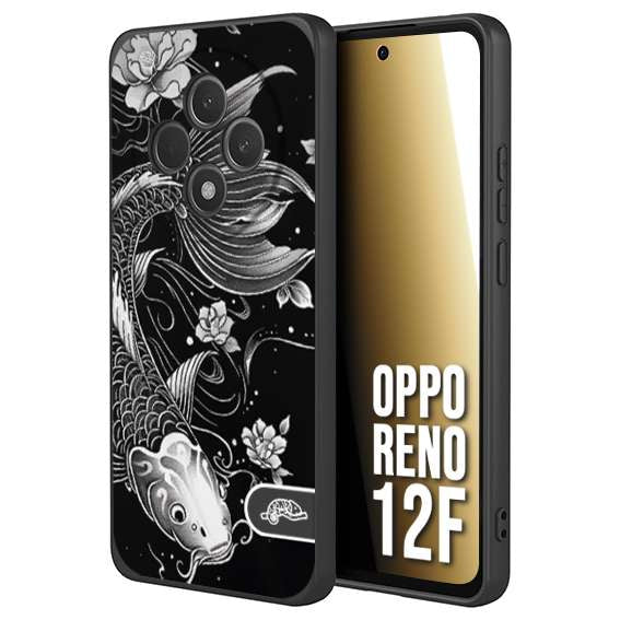 CUSTOMIZZA - Custodia cover nera morbida in tpu compatibile per Oppo Reno 12F carpa koi black and white bianco a rilievo disegnato tattoo tatuaggio