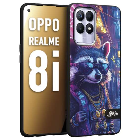 CUSTOMIZZA - Custodia cover nera morbida in tpu compatibile per Realme 8i animali simpatici cyberpunk procione racoon street cat fucsia blu giallo