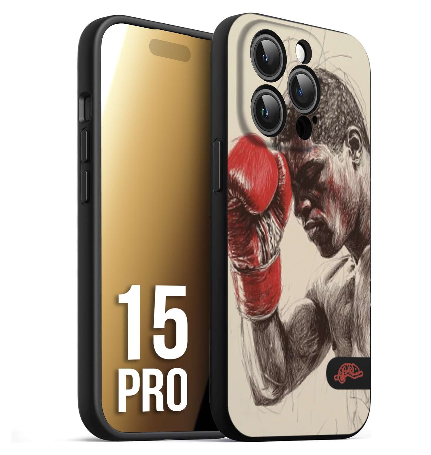 CUSTOMIZZA - Custodia cover nera morbida in tpu compatibile per iPhone 15 PRO pugilato pugili disegno tattoo guantoni boxer pesi massimi