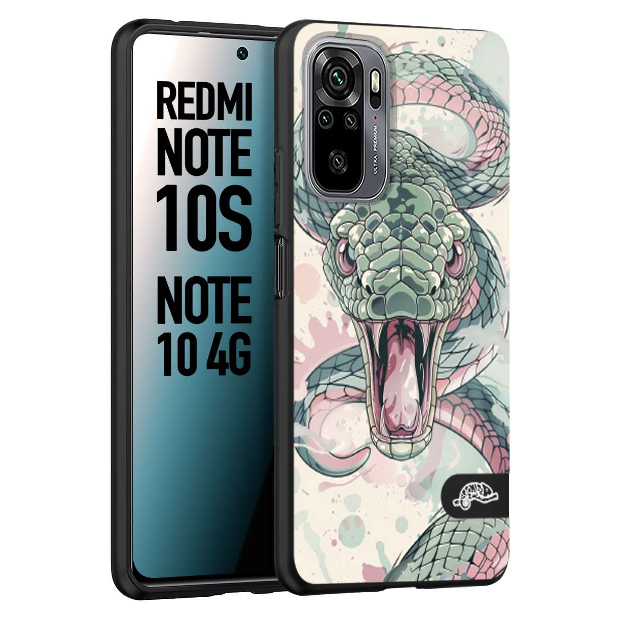 CUSTOMIZZA - Custodia cover nera morbida in tpu compatibile per Xiaomi Redmi Note 10S snake pink green serpente tatuaggio tattoo disegnato a mano