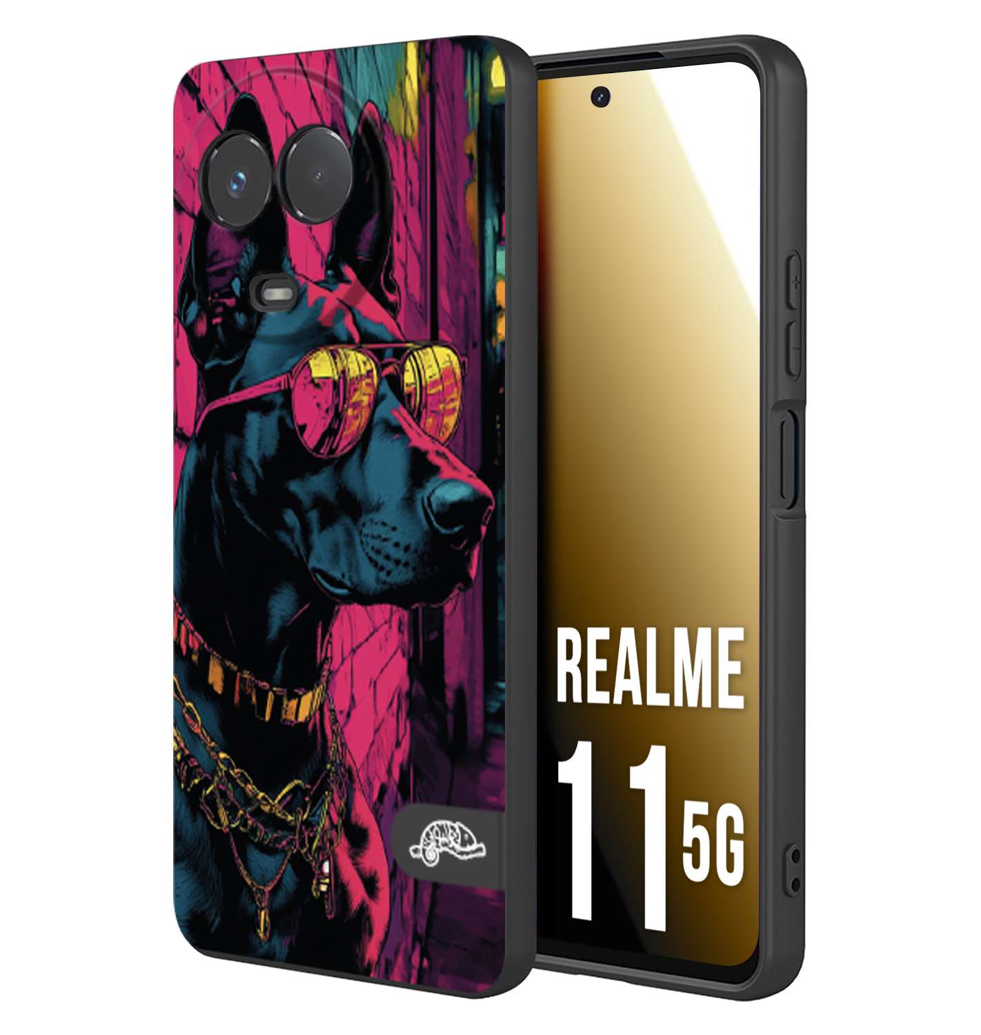 CUSTOMIZZA - Custodia cover nera morbida in tpu compatibile per Realme 11 5G animali cyberpunk dobermann cane street dog fucsia blu