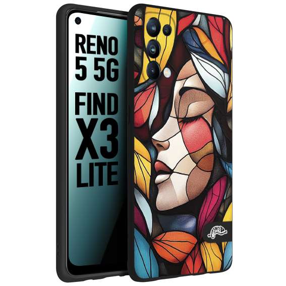 CUSTOMIZZA - Custodia cover nera morbida in tpu compatibile per Oppo Reno 5 5G Vetrata artistica volto di donna profilo fogliare mosaico di vetro colorato