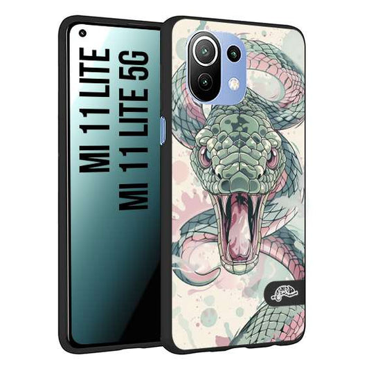 CUSTOMIZZA - Custodia cover nera morbida in tpu compatibile per Xiaomi Mi 11 Lite / Mi 11 Lite 5G snake pink green serpente tatuaggio tattoo disegnato a mano