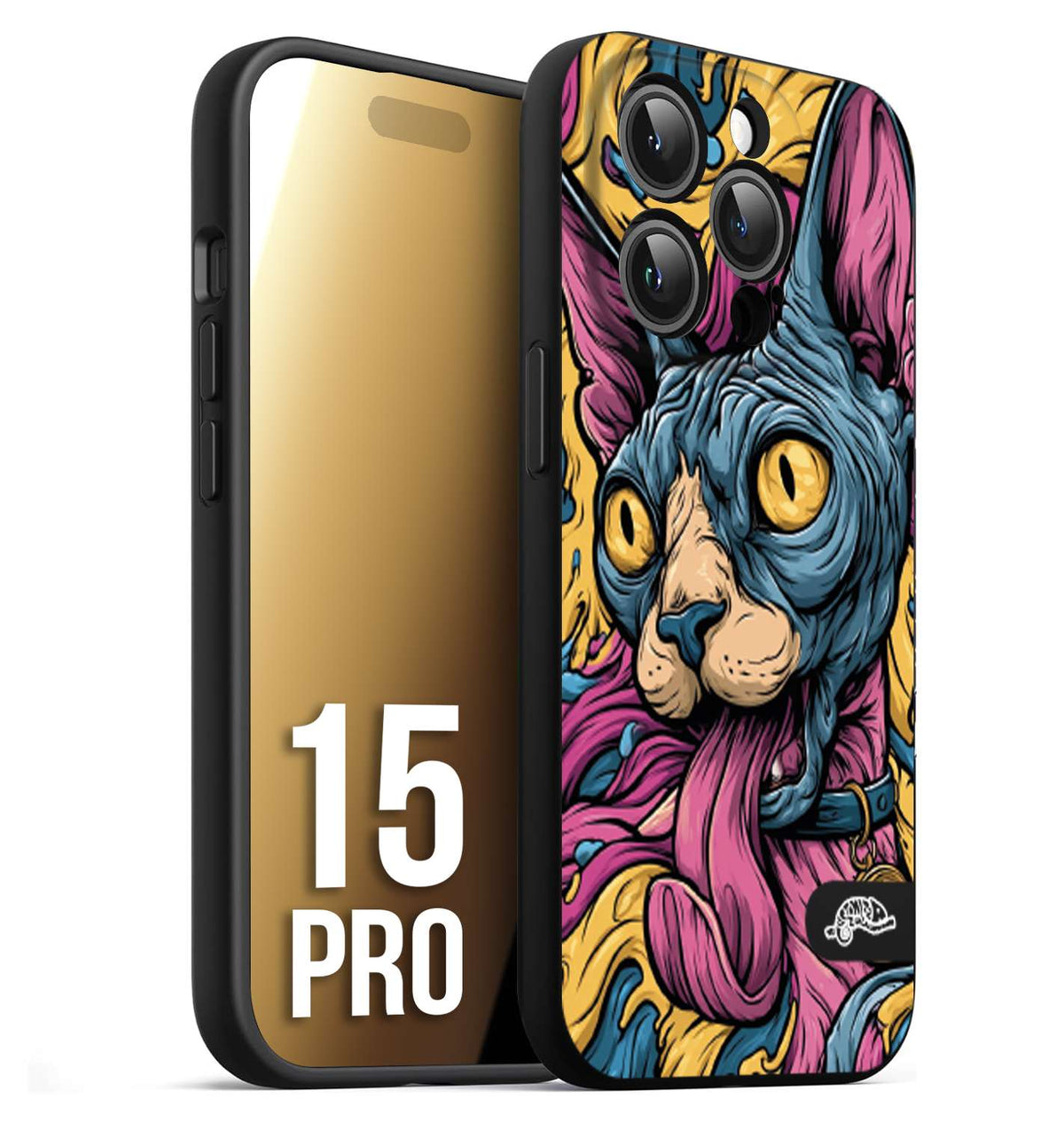CUSTOMIZZA - Custodia cover nera morbida in tpu compatibile per iPhone 15 PRO Sphynx Colorato Pop Art Psichedelico Gatto Blu Rosa Giallo Artistica Fantasy