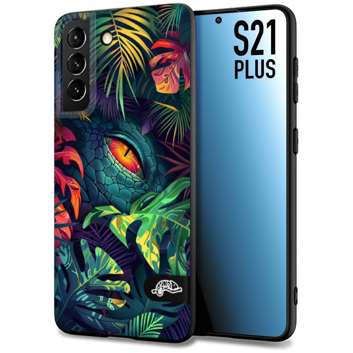 CUSTOMIZZA - Custodia cover nera morbida in tpu compatibile per Samsung S21 PLUS animali color giungla tropicale occhio di coccodrillo alligatore disegnato