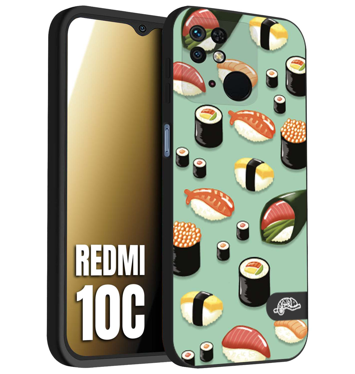 CUSTOMIZZA - Custodia cover nera morbida in tpu compatibile per Xiaomi Redmi 10C sushi disegni giapponese nighiri acquamarina verde