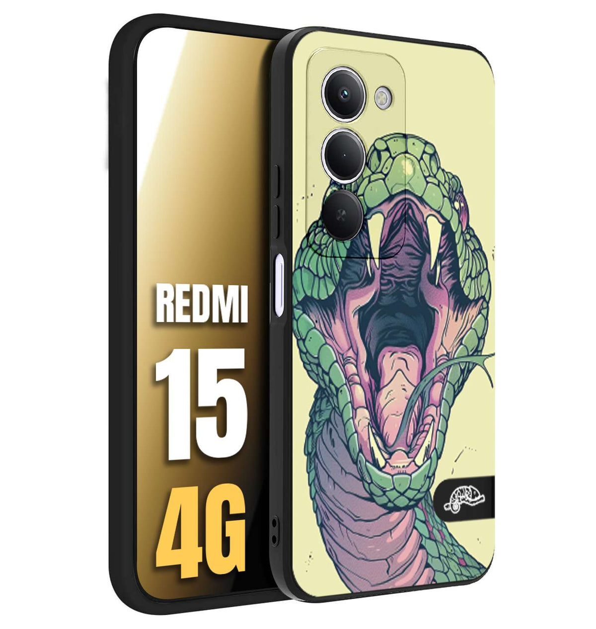 CUSTOMIZZA - Custodia cover nera morbida in tpu compatibile per Xiaomi Redmi 15 4G snake yellow green serpente tatuaggio tattoo disegnato a mano