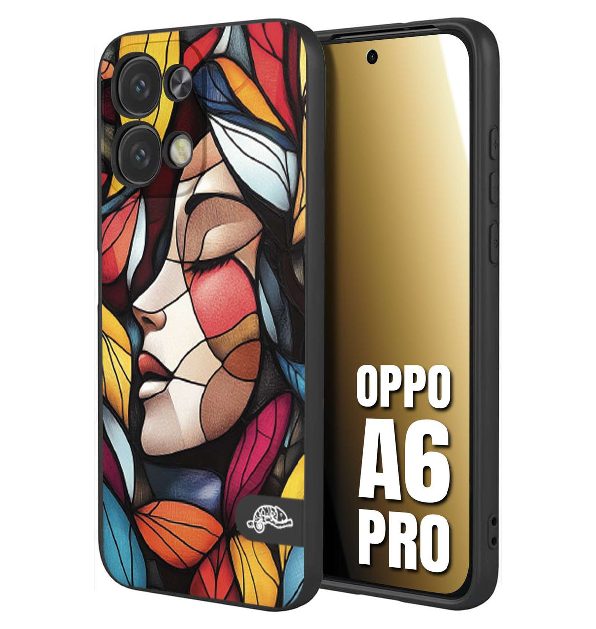 CUSTOMIZZA - Custodia cover nera morbida in tpu compatibile per Oppo A6 PRO Vetrata artistica volto di donna profilo fogliare mosaico di vetro colorato