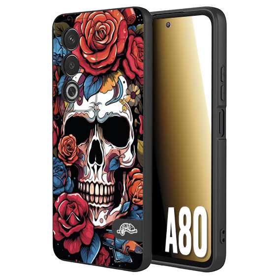 CUSTOMIZZA - Custodia cover nera morbida in tpu compatibile per Oppo A80 teschio skull flowers fiori rose rosse tattoo disegnato