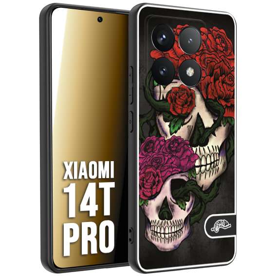 CUSTOMIZZA - Custodia cover nera morbida in tpu compatibile per Xiaomi 14T PRO teschi e rose rosse fucsia skull and roses