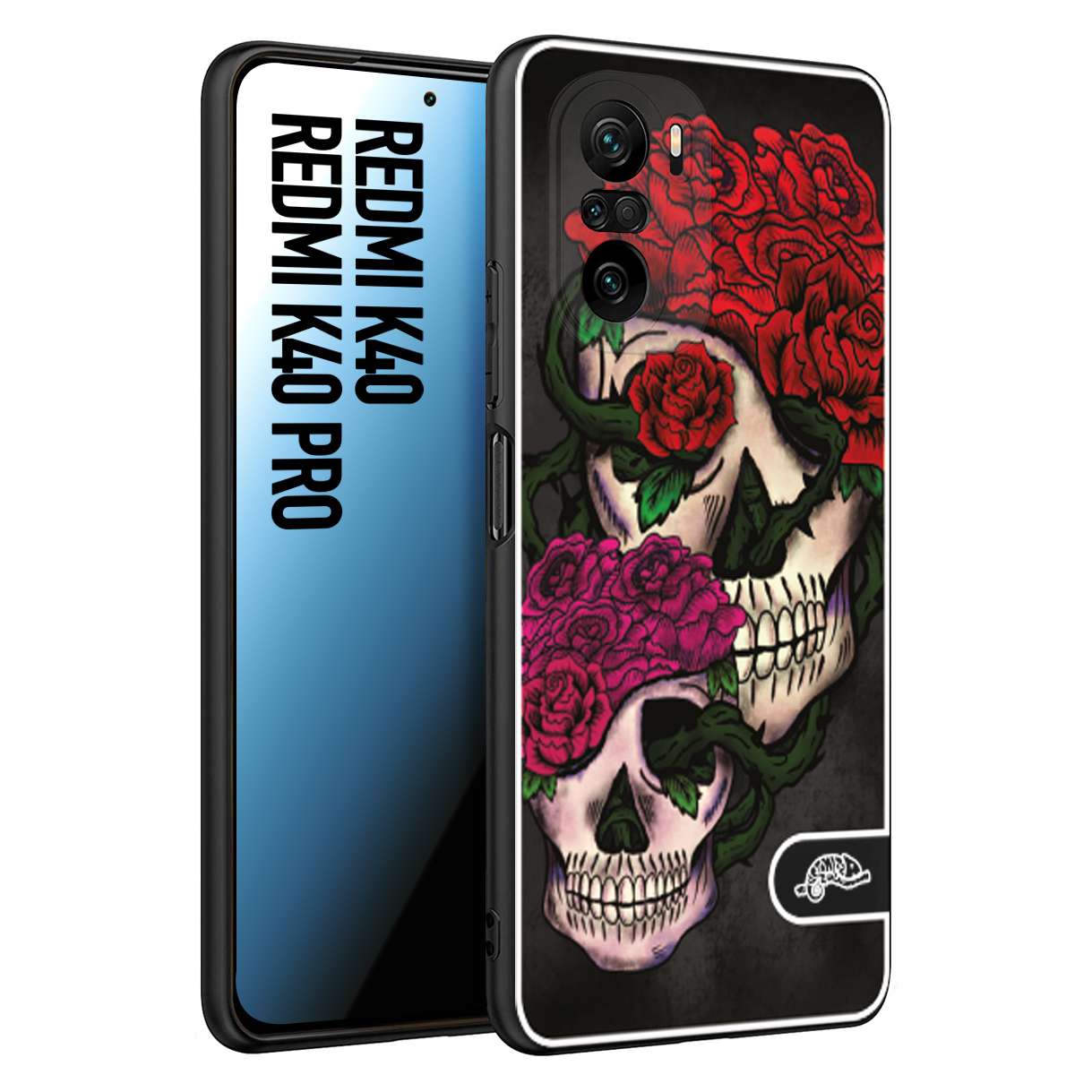 CUSTOMIZZA - Custodia cover nera morbida in tpu compatibile per Xiaomi Redmi K40 - K40 Pro teschi e rose rosse fucsia skull and roses