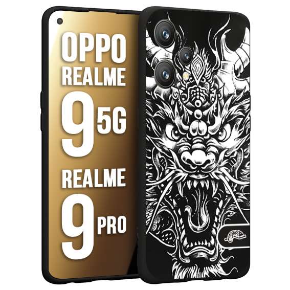 CUSTOMIZZA - Custodia cover nera morbida in tpu compatibile per Oppo Realme 9 5G - 9 PRO drago black and white bianco a rilievo disegnato tattoo tatuaggio