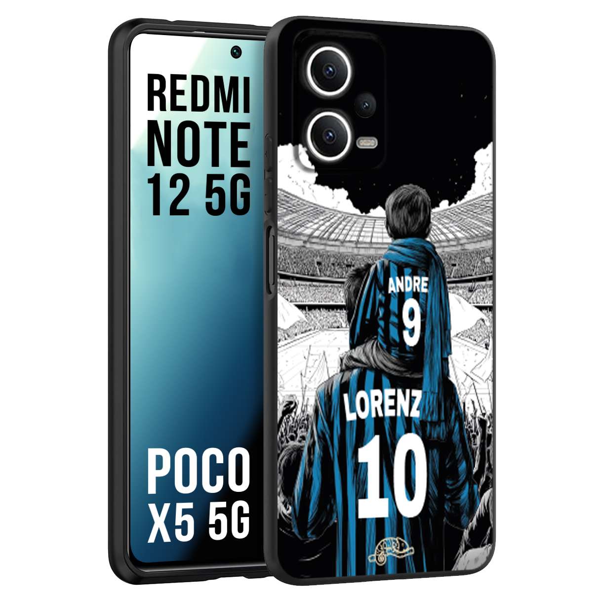 CUSTOMIZZA - Custodia cover nera morbida in tpu compatibile per Xiaomi Redmi Note 12 5G - POCO X5 5G personalizzata calcio football padre e figlio calciatori nerazzurra