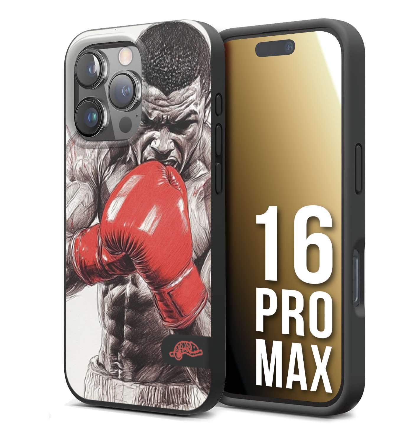 CUSTOMIZZA - Custodia cover nera morbida in tpu compatibile per iPhone 16 PRO MAX pugilato pugili disegno tattoo guantoni box pesi massimi gancio