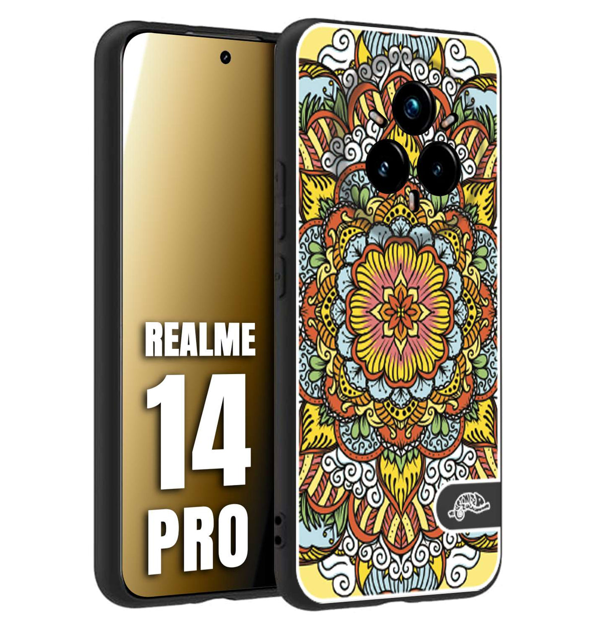 CUSTOMIZZA - Custodia cover nera morbida in tpu compatibile per Realme 14 PRO mandala colorato fiore nuvole arancione