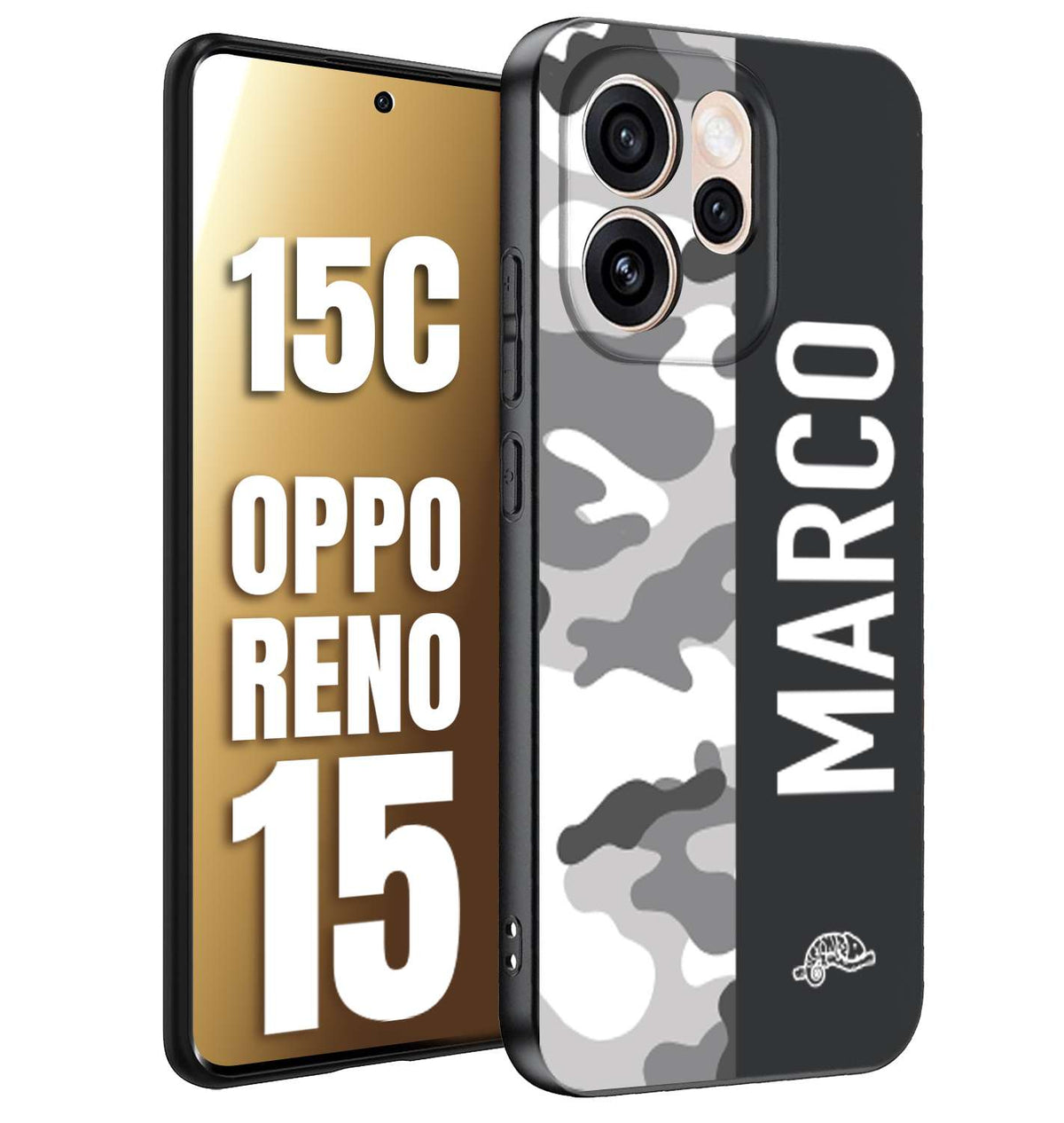 CUSTOMIZZA - Custodia cover nera morbida in tpu compatibile per Oppo Reno 15 - Reno 15Ccamouflage mimetico militare personalizzata nome bianco