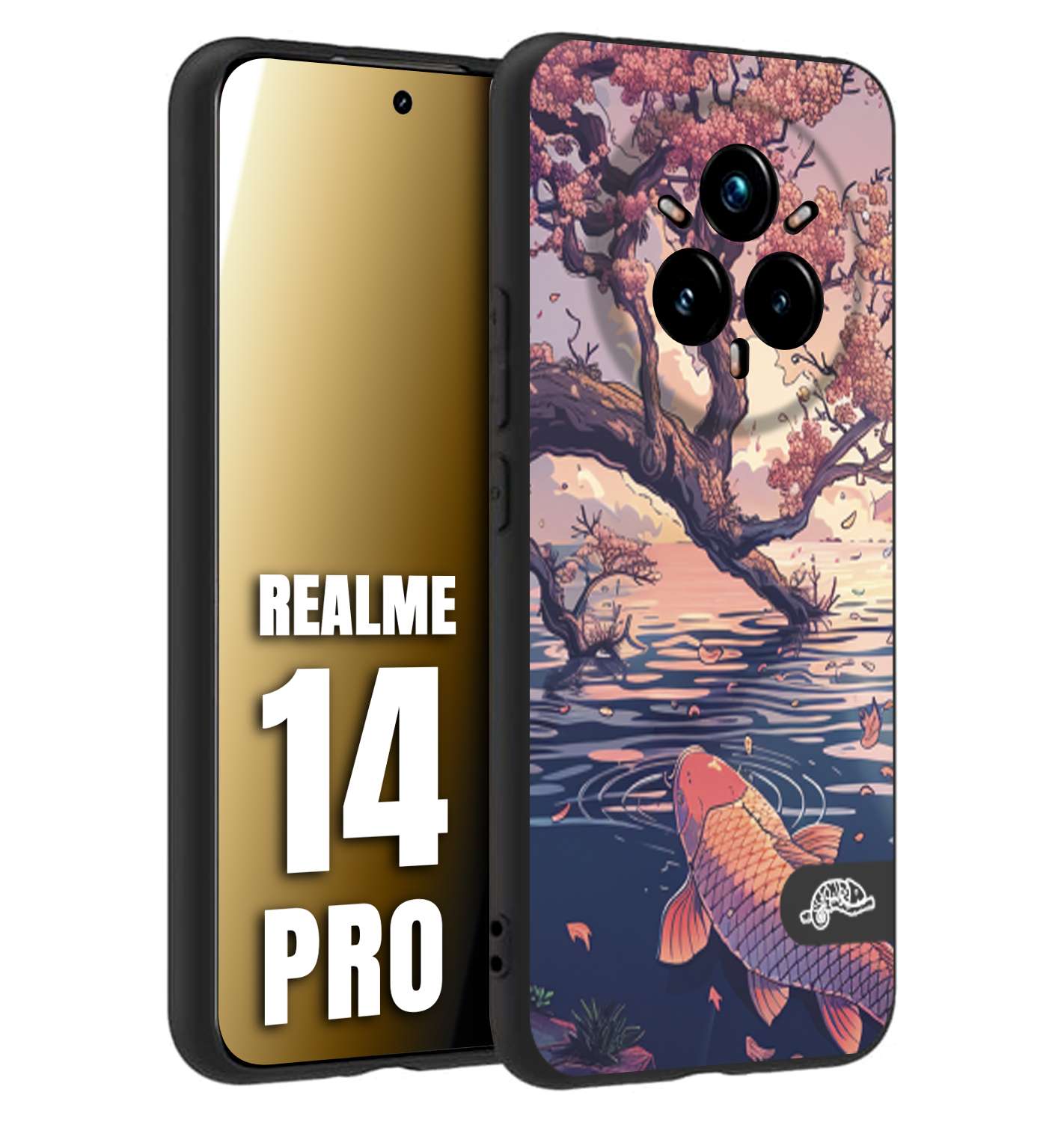CUSTOMIZZA - Custodia cover nera morbida in tpu compatibile per Realme 14 PRO giapponese lago carpa koi rosa con foglie d'acero disegnata tattoo