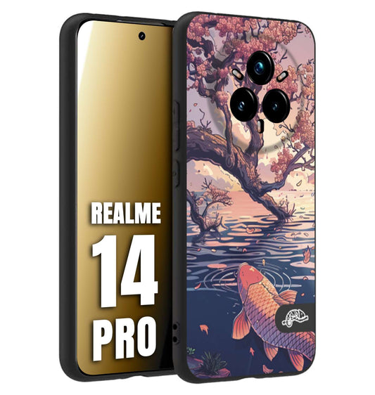 CUSTOMIZZA - Custodia cover nera morbida in tpu compatibile per Realme 14 PRO giapponese lago carpa koi rosa con foglie d'acero disegnata tattoo