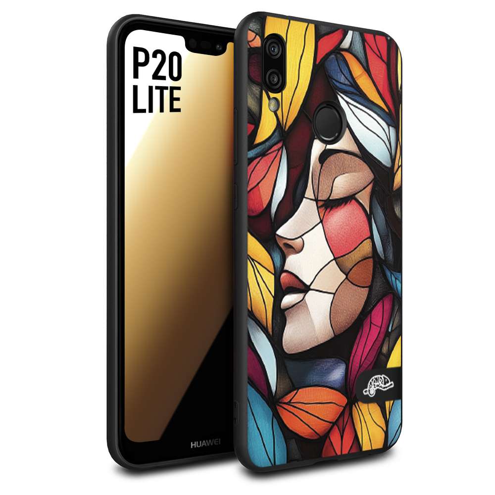 CUSTOMIZZA - Custodia cover nera morbida in tpu compatibile per Huawei P20 LITE Vetrata artistica volto di donna profilo fogliare mosaico di vetro colorato