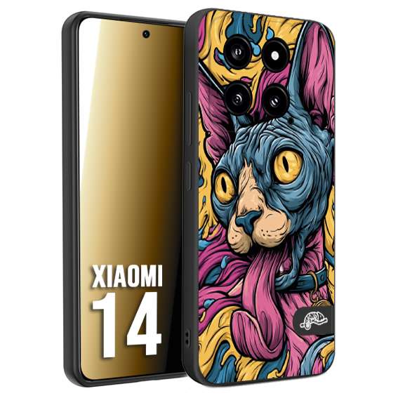 CUSTOMIZZA - Custodia cover nera morbida in tpu compatibile per Xiaomi 14 Sphynx Colorato Pop Art Psichedelico Gatto Blu Rosa Giallo Artistica Fantasy